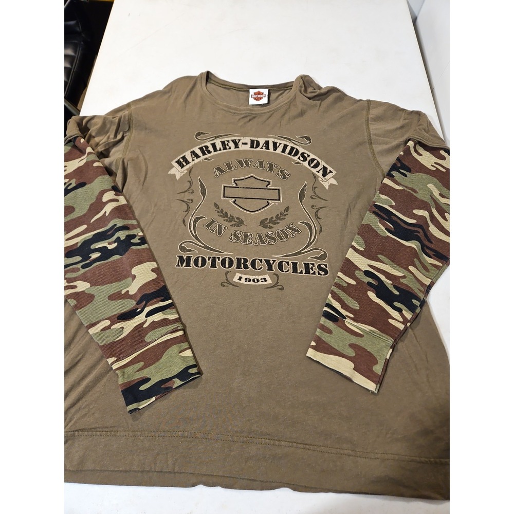 Harley-Davidson Long Sleeve Tee Mens 2XL Green Camo T-shirt Bikercore Army (676